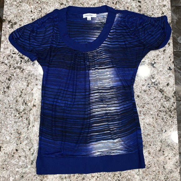 Calvin Klein Short Sleeve Sweater Blue White Top - Picture 1 of 5